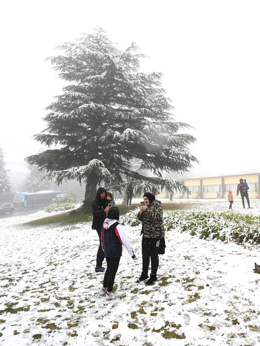 Orang-orang menikmati hujan salju pertama musim ini di Katoomba di pegunungan Blue Mountains, Kamis (10/6/2021). Wilayah ini cenderung memiliki udara yang sejuk dan terkadang sampai turun salju di musim dingin. (AFP/Saeed KHAN)