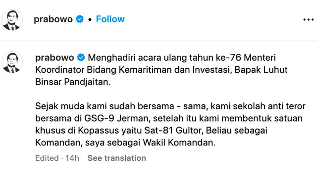 Unggahan Prabowo. (Foto: Dok. Instagram @prabowo)