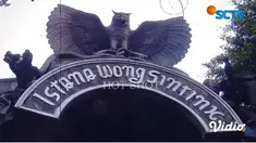 Rumah Ki Joko Bodo memiliki gapura besar yang megah dengan tulisan Istana Wong Sintinx. Bangunan gapura itu bak pintu masuk rumah kramat yang dipenuhi dengan ukiran. Makin terlihat mistis dengan patung burung elang besar dan dua ekor ular membentang di bagian atas. (Liputan6.com/YouTube/SCTV)