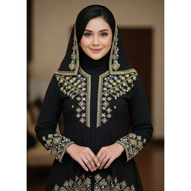 Model Gamis Hitam Bordir Emas Kombinasi Silver (Image by Gemini)
