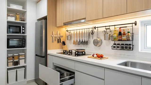 Model Dapur Kecil dengan Penyimpanan Vertikal agar Leluasa saat Masak/AI Generated