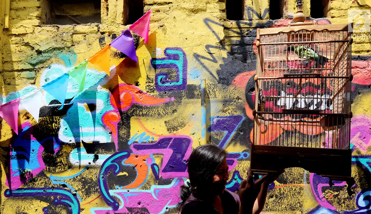 Warga sedang memindahkan sangkar burung di kampung warna-warni Kelurahan Kesatrian, Kota Malang, Minggu (5/11). Ratusan rumah yang berdiri di bantaran Sungai Brantas di cat gambar warna-warni. (Liputan6.com/Fery Pradolo)