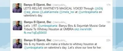 Beberapa Musisi Indonesia mengadakan acara Tribute to Whitney Houston 14 Februari di Umbra Bar & Lounge
