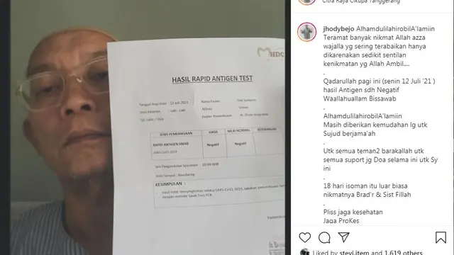 Jhody Super Bejo umumkan dirinya telah negatif Covid-19