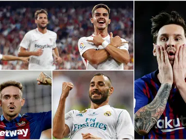 Striker Sevilla, Andre Silva, memuncaki daftar top scorer sementara La Liga 2018/2019 dengan menorehkan 6 gol. Mantan pemain AC Milan ini mempu mengungguli bintang Barcelona, Lionel Messi, yang hanya mengoleksi 5 gol. (Foto-foto Kolase AP dan AFP)