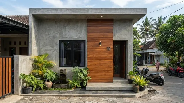Model dinding dua tekstur untuk fasad rumah minimalis dengan desain dinding beton dan kayu