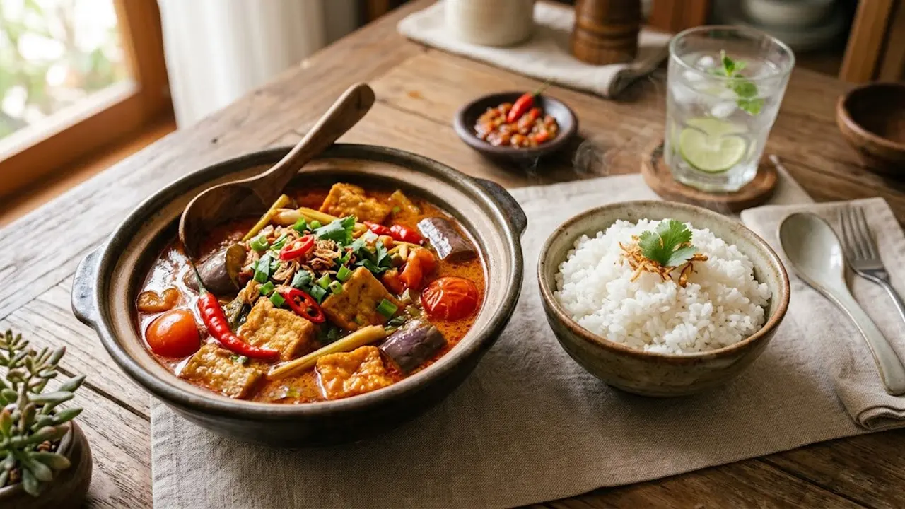 Resep Kuah Pedas Tahu, Terong, dan Tomat/AI Generated