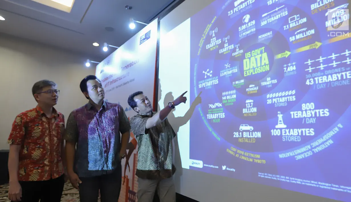 Group Head Infrastructure Hardware Multipolar Technology Yohan Gunawan, Division Manager Tech Data Indonesia Reggy Tjandra dan Dept. Head Hardware Product Enterprises Lindra Heryadi berbincang keunggulan IBM Software-Defined Storage di Jakarta, Kamis (27/6/2019). (Liputan6.com/HO/Palar)