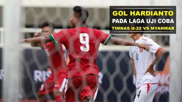 Nur Hardianto mencetak satu-satunya gol bagi Timnas Indonesia U-22 saat kalah 1-3 dari Myanmar pada laga uji coba di stadion Pakansari.