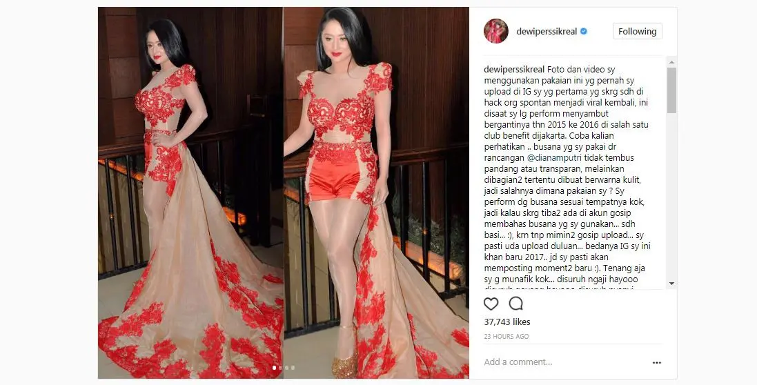 Baju transparan Dewi Perssik jadi perbincangan hangat warganet [foto: instagram.com/dewiperssikreal]