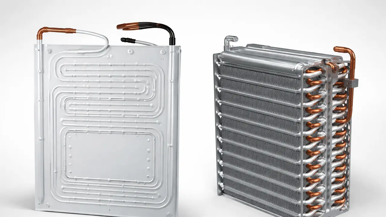 Ilustrasi evaporator tipe roll bond dan tipe fin. (Foto by AI)