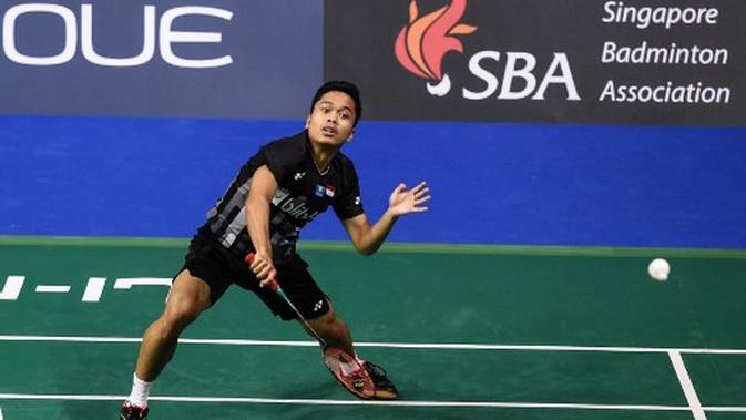 Anthony Sinisuka Ginting menjadi satu-satunya wakil Indonesia di semifinal Singapura Terbuka 2019 dari nomor tunggal putra. (AFP/Roslan Rahman)