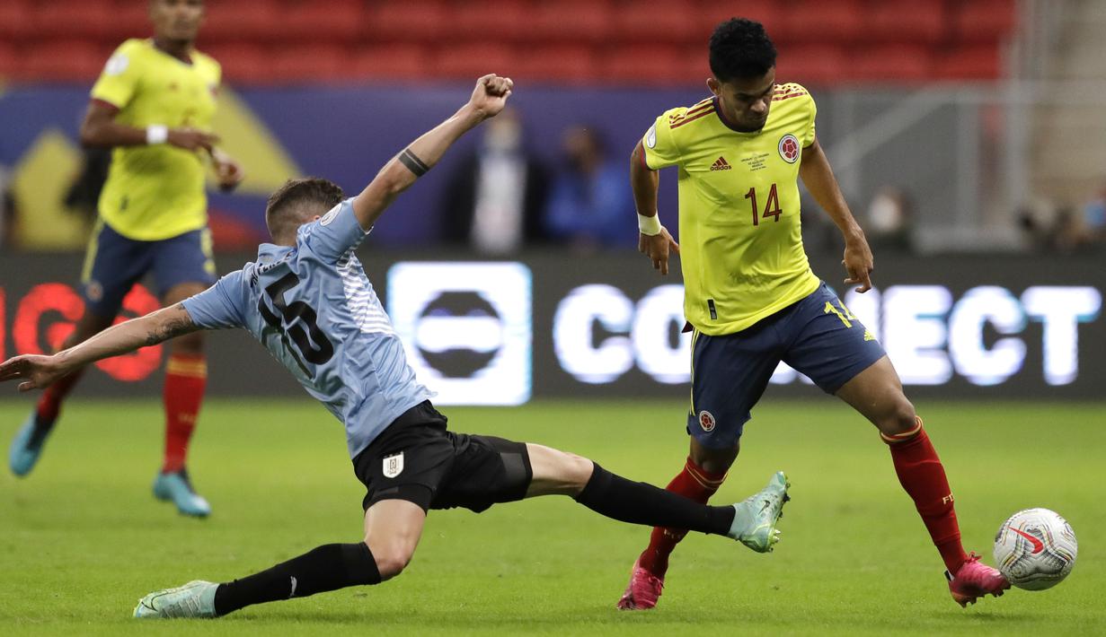 Kolombia lebih mendominasi pertandingan dengan penguasaan bola hingga 51 persen berbanding 49 milik Uruguay. (Foto:AP/Bruna Prado)