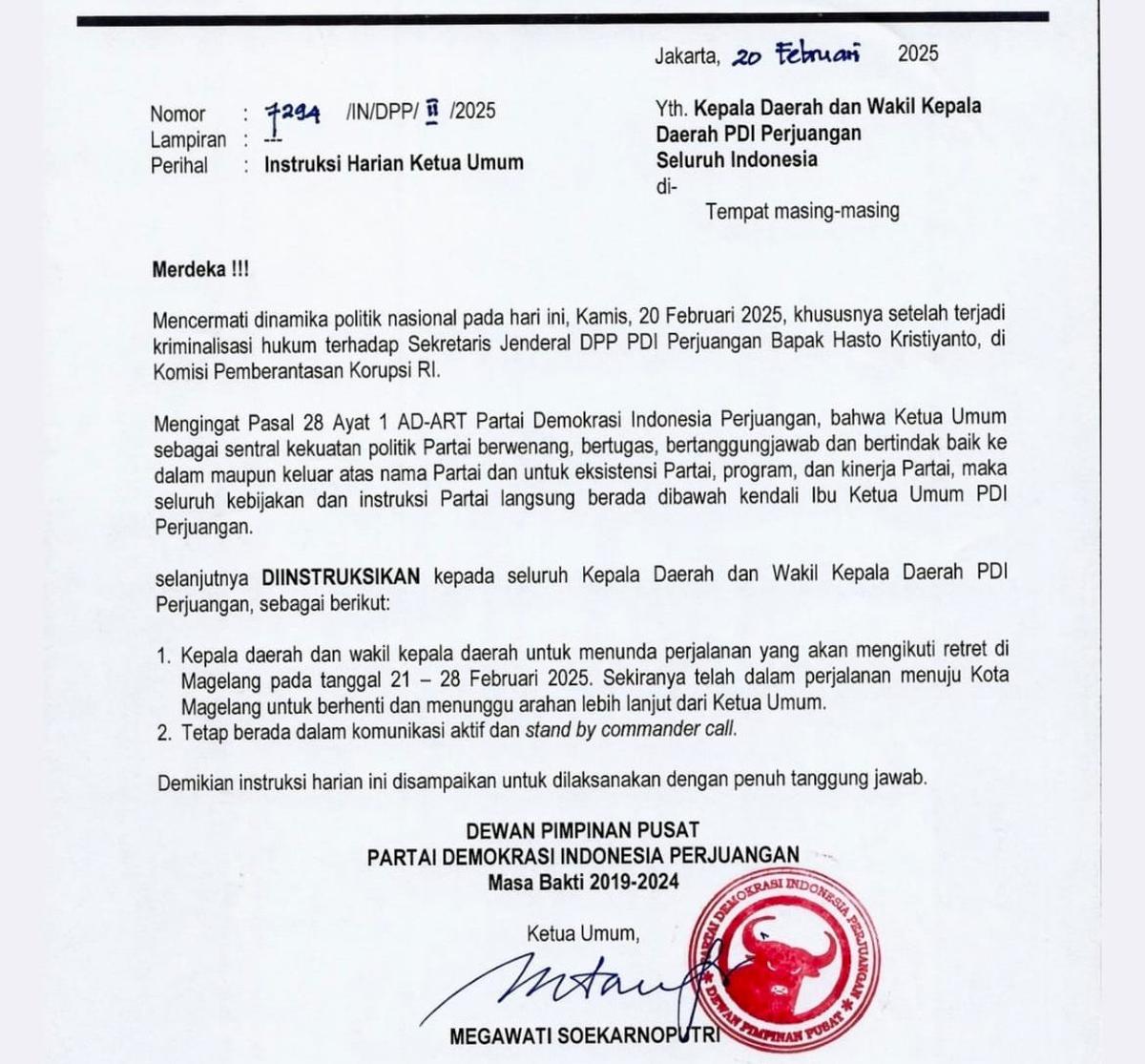 Surat Megawati Perintahkan Semua Kepala Daerah dari PDIP Tak Ikut Retret Prabowo