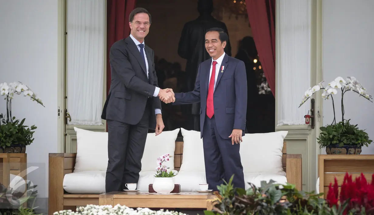 Presiden Joko Widodo (Jokowi) dan Perdana Menteri (PM) Belanda Mark Rutte berjabat tangan di beranda belakang Istana Merdeka, Jakarta, Rabu (23/11). Jokowi dan PM Belanda melakukan pembicaraan khusus empat mata. (Liputan6.com/Faizal Fanani)