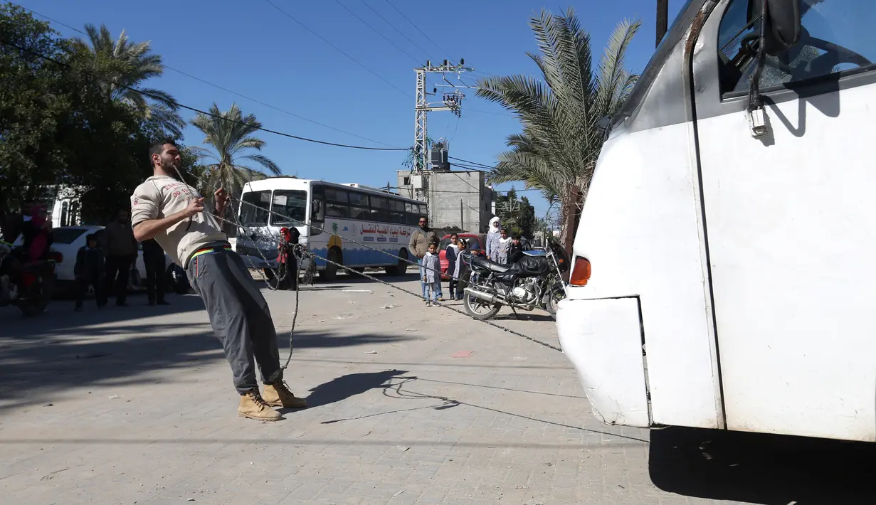 Mohamed Barka, pria yang dijuluki "Super Hero" asal Palestina menarik sebuah bus dengan gigi dalam aksinya di Deir Al-Balah, Gaza Tengah, Kamis (4/2). (MOHAMMED ABED/AFP)