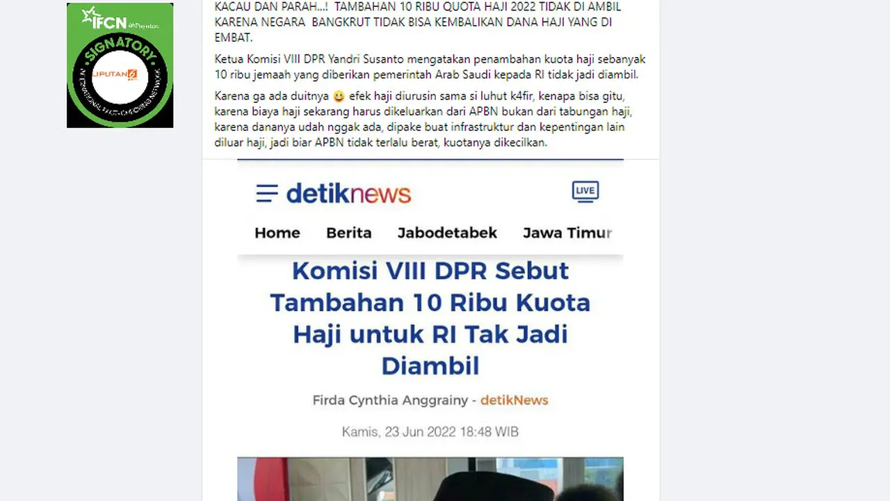 Tangkapan layar klaim 10 ribu tambahan kuota haji tidak diambil pemerintah karena negara bangkrut