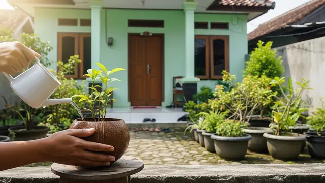 Merawat Pot Tanaman dari Batok Kelapa