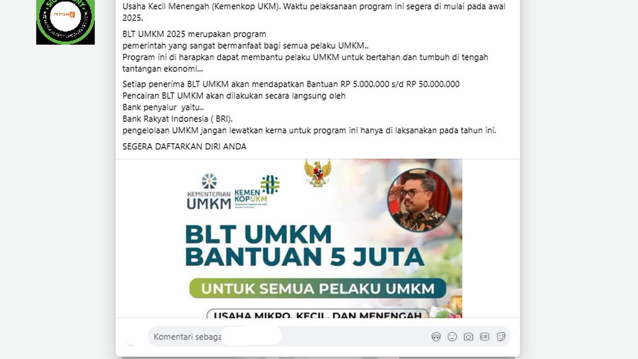 Tangkapan layar klaim link pendaftaran BLT UMKM Rp 5 juta