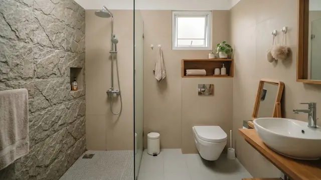 Kamar Mandi Minimalis dengan Keramik Motif Batu