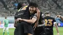 Pemain Tottenham Hotspur, Son Heung-min merayakan gol yang dicetak oleh Brennan Johnson ke gawang Newcastle dalam laga persahabatan di Seoul World Cup Stadium, Seoul, Korea Selatan, Minggu (03/08/2025) waktu setempat. (AP Photo/Ahn Young-joon)