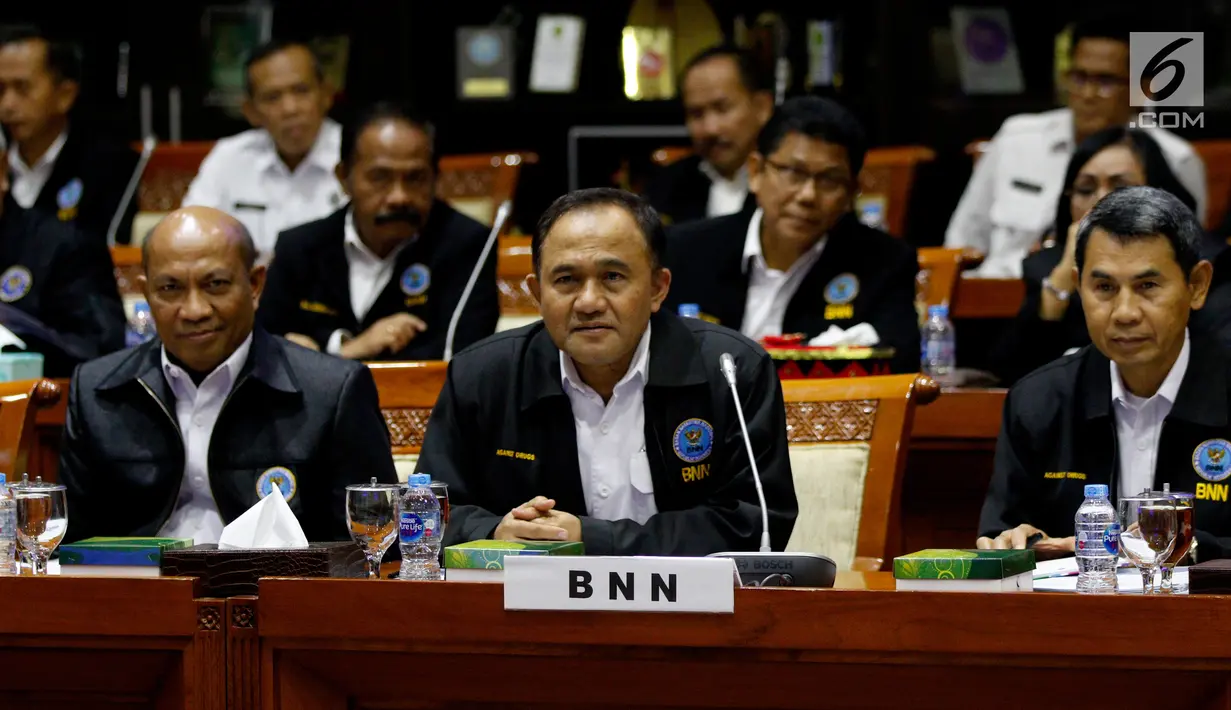 Ketua BNN Heru Winarko (tengah) saat mengikuti rapat dengan Komisi III DPR di Kompleks Parlemen, Jakarta, Rabu (12/6/2019). Rapat tersebut membahas Rencana Kerja dan Anggaran (RKA) K/L Tahun Anggaran 2020. (Liputan6.com/JohanTallo)