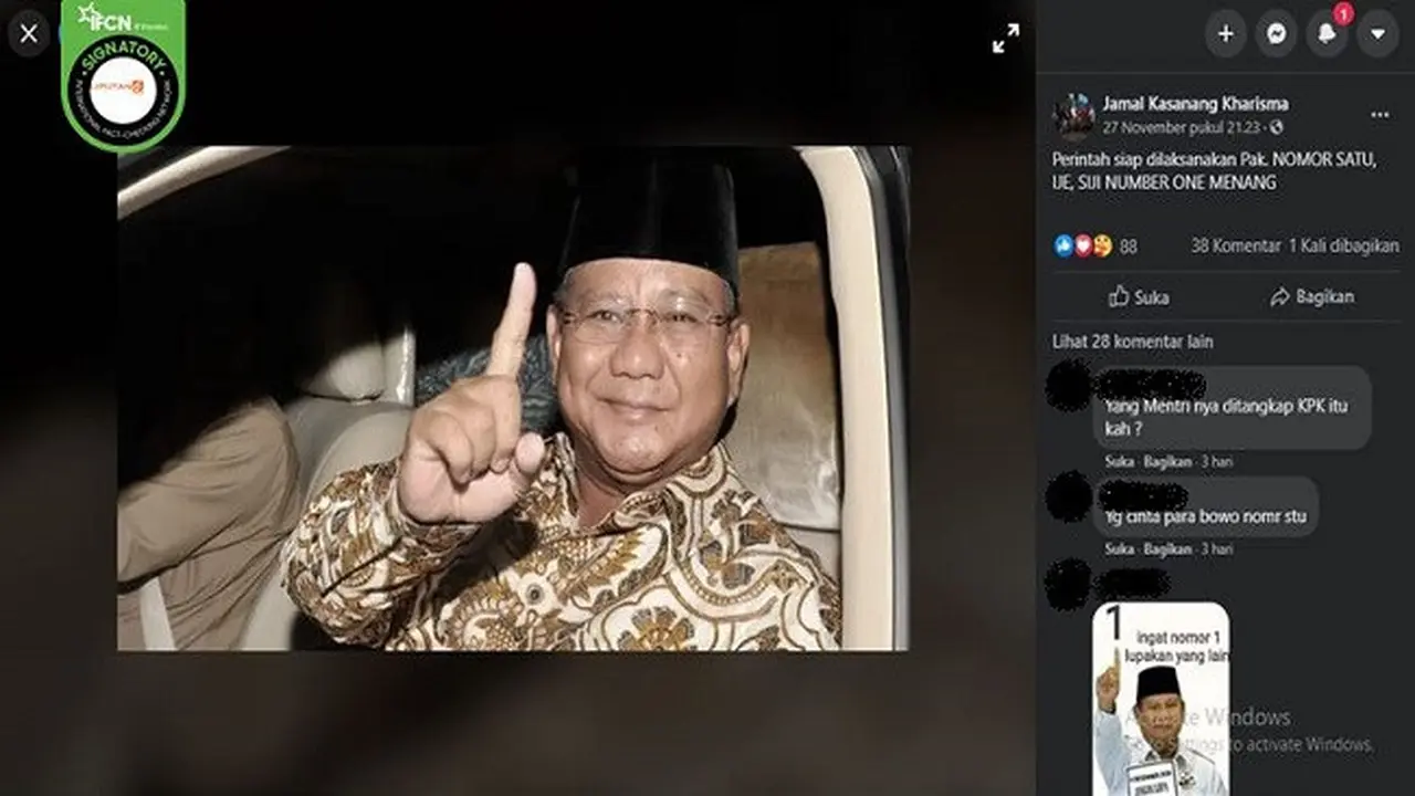 Gambar Tangkapan Layar Foto Prabowo Subianto Angkat Jari Telunjuk (sumber: Facebook)