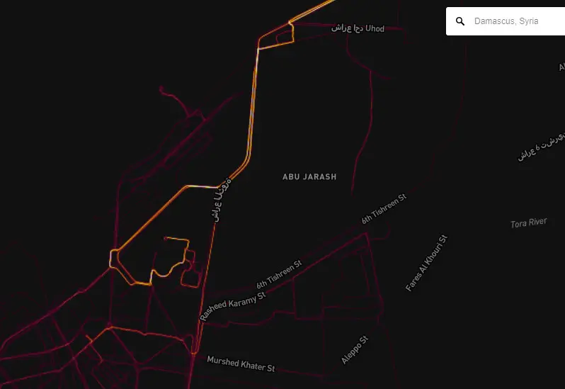 Peta strava heat map di Suriah yang menunjukkan banyaknya aktivitas pengguna (