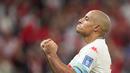 <p>Pemain Tunisia, Wahbi Khazri&nbsp;merayakan gol pertama timnya ke gawang Prancis saat matchday ketiga Grup D Piala Dunia 2022 yang berlangsung di Education City Stadium, Rabu (30/11/2022). (AP/Martin Meissner)</p>