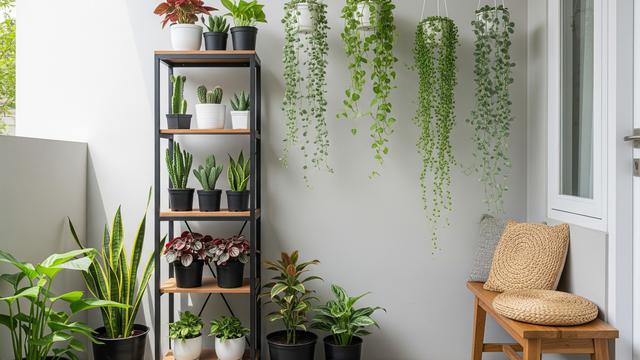 Kombinasi Rak Bertingkat dan Pot Gantung