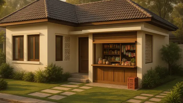 Desain  Rumah L-Shape dengan Warung di Teras Samping