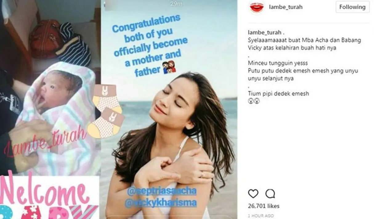 "Telah lahir bayi cantik dan sehat tadi, 20 September 2017 jam 12.14 dengan berat 3220 gram. Semoga menjadi anak sholehah," kata Rita Emza saat dihubungi Bintang.com melalui aplikasi pesan singkat, Rabu (20/9). (Instagram/lambeturah)