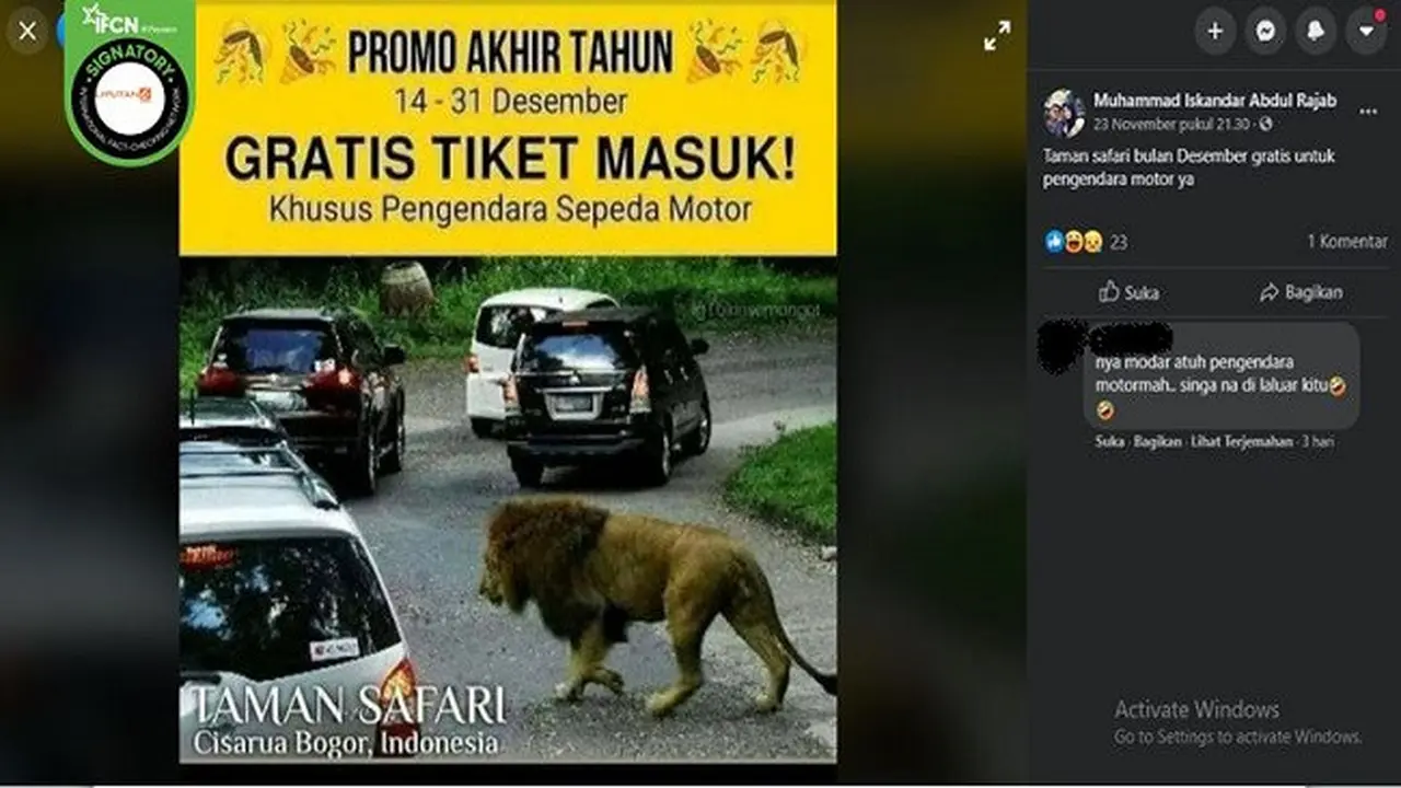 Gambar Tangkapan Layar Kabar Hoaks tentang Tiket Masuk Gratis Bagi Pengendara Motor di Taman Safari (sumber: Facebook)