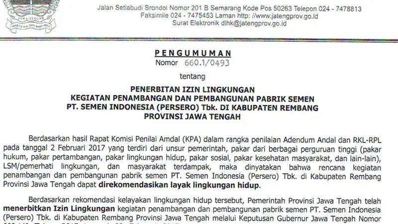 Pengumuman pengizinan opeasi Pabrik semen Rembang oleh Pemerintah Provinsi Jawa Tengah