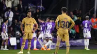 Eric Garcia dari Barcelona bereaksi setelah gol ketiga oleh Barcelona selama pertandingan sepak bola La Liga Spanyol antara Valladolid dan FC Barcelona di stadion Jose Zorrilla di Valladolid, Spanyol, Selasa, 23 Mei 2023. (AP Photo/Manu Fernandez)