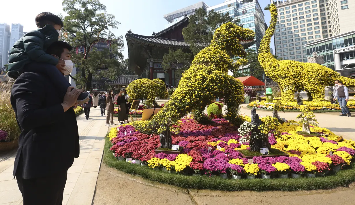 Seorang anak laki-laki dan ayahnya melihat Jam tangan dinosaurus yang terbuat dari bunga krisan selama festival Krisan di kuil Chogyesa di Seoul, Senin (19/10/2020). Korsel mulai menguji puluhan ribu karyawan rumah sakit dan panti jompo untuk mencegah wabah COVID-19. (AP Photo/Ahn Young-joon)