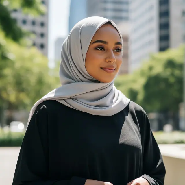 Gamis Hitam dan Hijab Abu-abu Muda untuk Wajah Sawo Matang