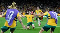 Pemain Australia merayakan kemenangan atas Turki pada laga matchday 1 Grup D Piala Dunia 2026 di BC Place, Vancouver, Kanada, Minggu (14/6/2026) siang WIB. (AP Photo/Abbie Parr)