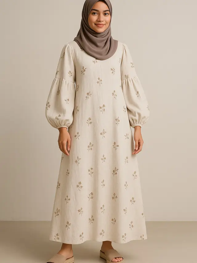 Model Gamis Syari Bahan Linen Longgar Trend 2025/Ilustrasi AI