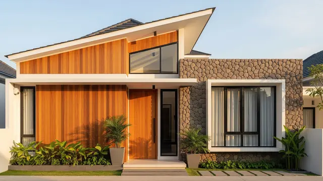 Inspirasi Fasad Rumah Desa dengan Kombinasi Kayu dan Atap Miring Minimalis