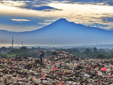 Warga yang berprofesi sebagai pemulung mengumpulkan sampah plastik dengan latar belakang Gunung Gede-Pangrango di Tempat Pembuangan Akhir Galuga, Bogor, Kamis (6/11/2025). Kementerian Lingkungan Hidup dan Kehutanan (KLHK) mendorong Tempat Pembuangan Akhir (TPA) sampah, khususnya yang berada di wilayah Jabodetabek dan masih menggunakan sistem open dumping, untuk segera melakukan penutupan tumpukan sampah (capping), atau beralih ke sistem yang lebih ramah lingkungan seperti lahan urug terkendali (controlled landfill) atau lahan urug saniter (sanitary landfill). (merdeka.com/Arie Basuki)
