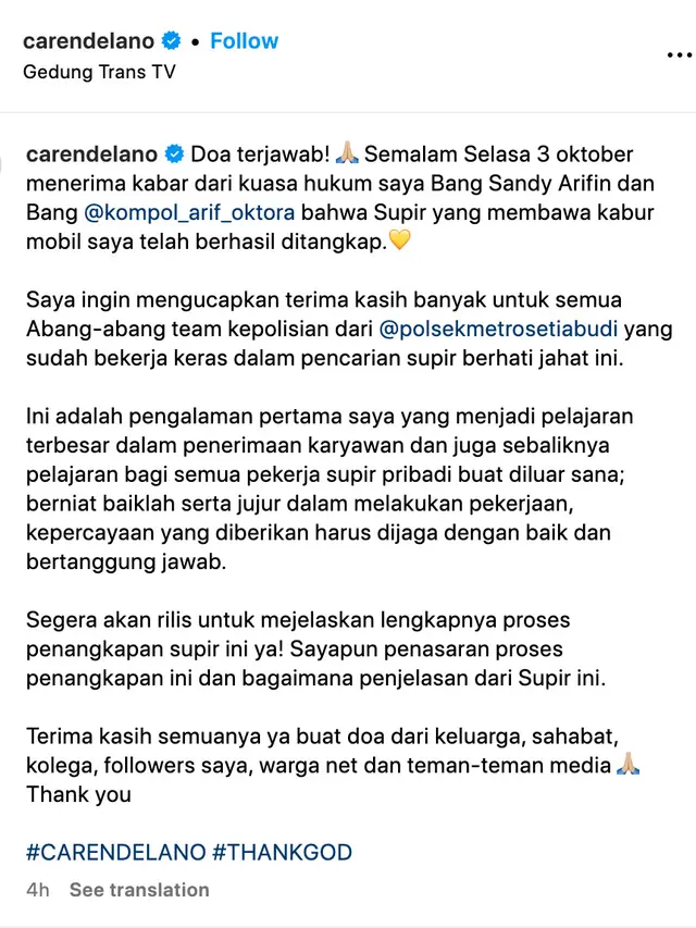 Unggahan Caren Delano. (Foto: Dok. Instagram @carendelano)