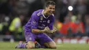 Striker Real Madrid, Cristiano Ronaldo, melakukan selebrasi usai mencetak gol ke gawang Juventus pada laga final Liga Champions di Stadion Millennium, Cardiff, Wales, Sabtu, (3/6/2017). Real Madrid menang 4-1. (AP/Kirsty Wigglesworth)