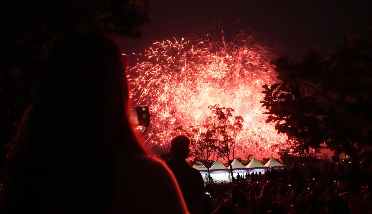 Kembang api meledak di atas Sungai Han dalam acara perayaan 10 tahun debut band K-pop BTS di Seoul, Korea Selatan, Sabtu, 17 Juni 2023. (AP Photo/Lee ​​Jin-man)