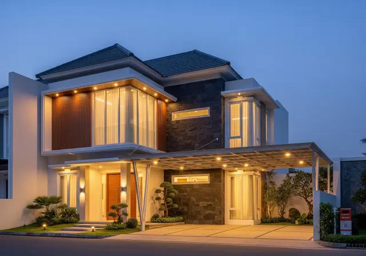 Kanopi dengan Lampu Tanam (Downlight)/rumah dengan carport baja ringan modern minimalis (Sumber: gemini.com)
