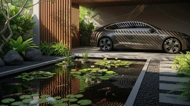 Carport dengan Kolam Mini dan Tanaman Air (The Reflection Pond)