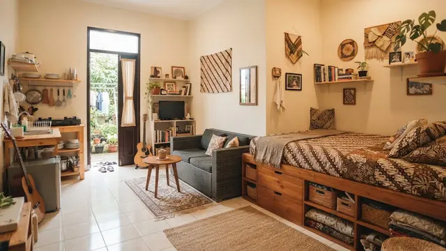 Ide menata ruang tamu yang menyatu dengan kamar tidur di rumah petak model ruangan simpan untuk tempat tidur