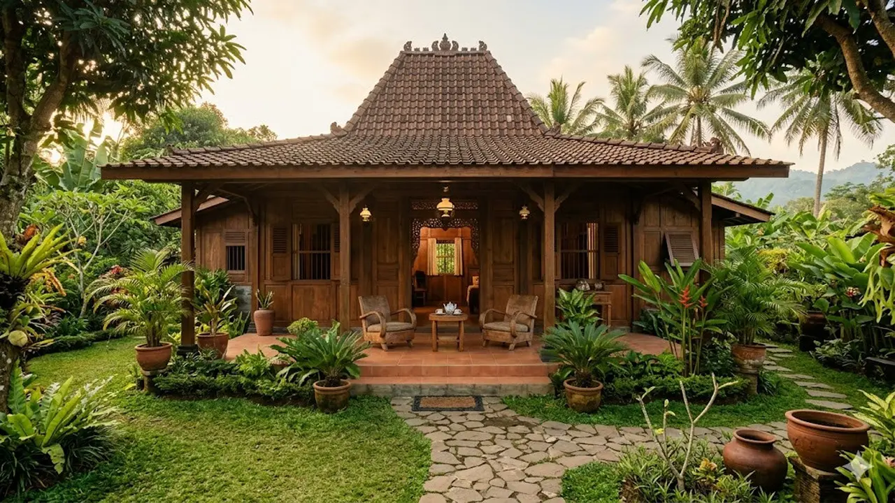 Rumah Joglo Sederhana dengan Teras dan Taman