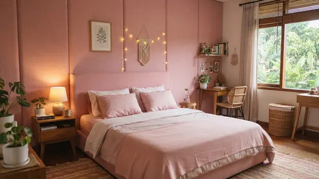 Ide desain kamar tidur berwarna pink yang bikin tidur nyenyak dengan suasana menenangkan model tekstur kain pink dinding kamar