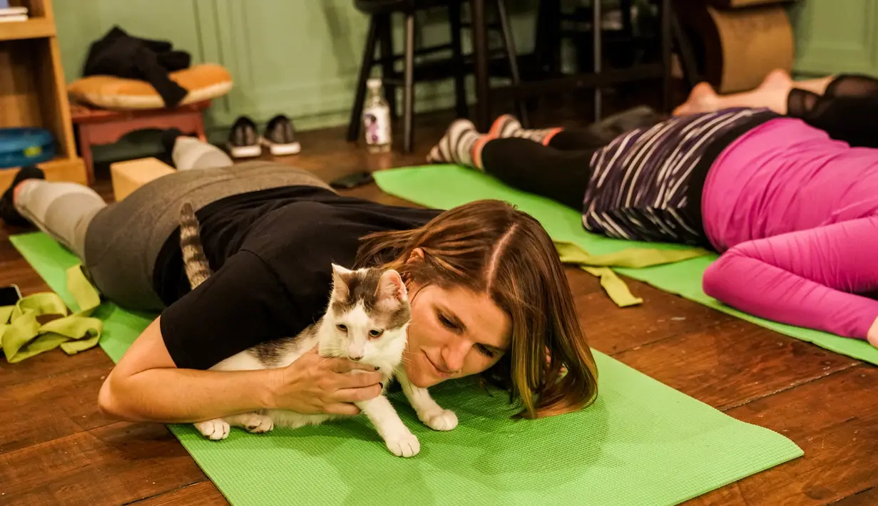 Madelyn McHugh memeluk seekor kucing selama kelas yoga bersama kucing  di kafe kucing Brooklyn, New York, Rabu (13/3). Kafe ini menawarkan tempat latihan yoga dengan ditemani kucing-kucing menggemaskan. (REUTERS/Jeenah Moon)
